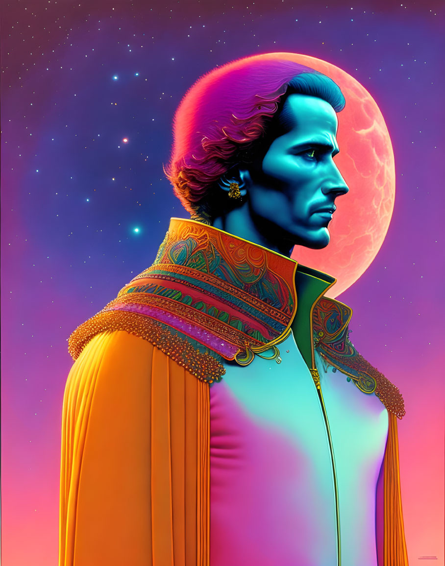 Stylized portrait of man in profile with elaborate attire against vivid moon and starry night sky