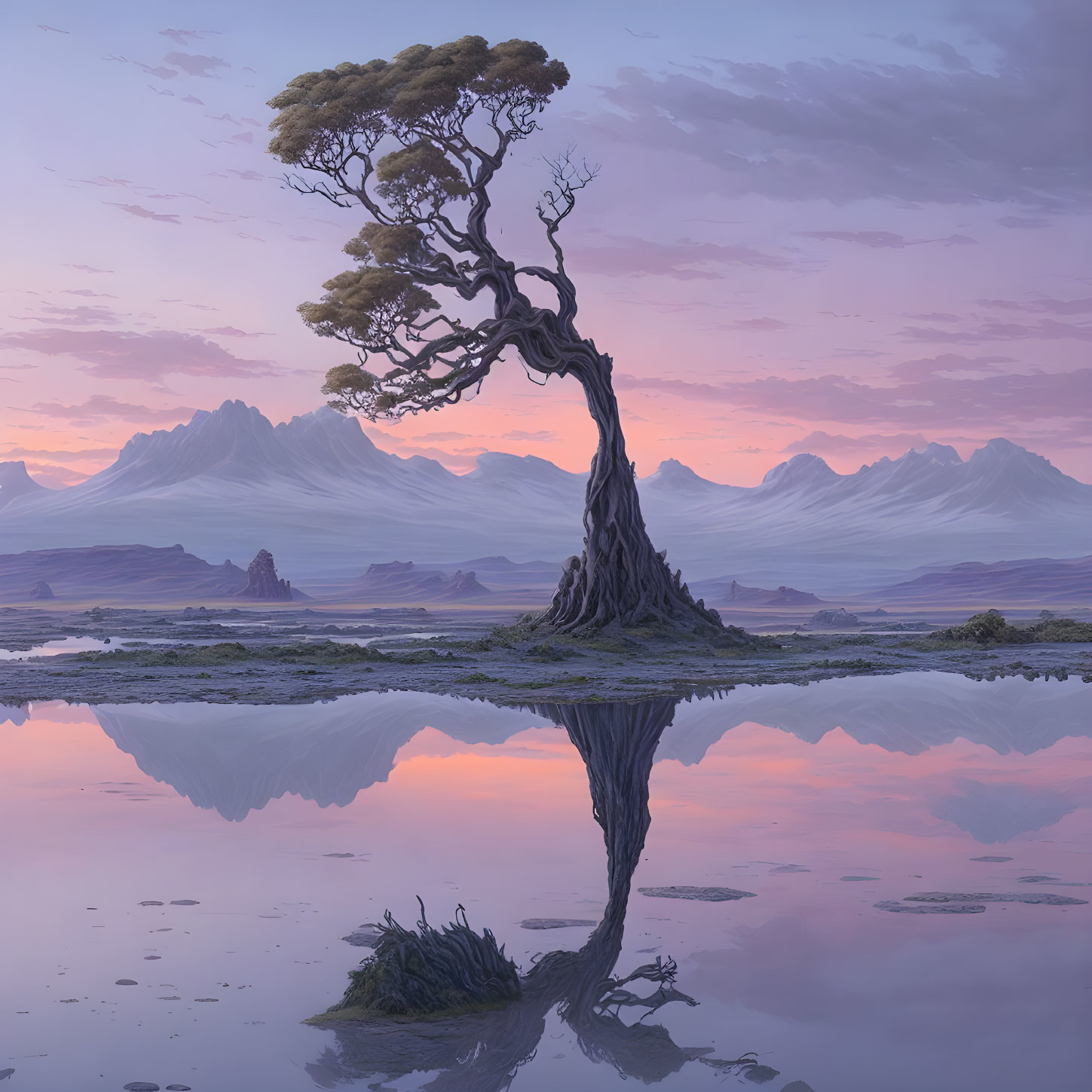 Twisted trunk tree near reflective water with distant mountains