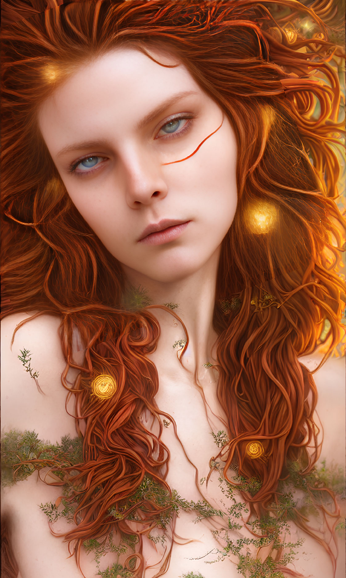 Vibrant red hair woman with golden patterns in mystical greenery