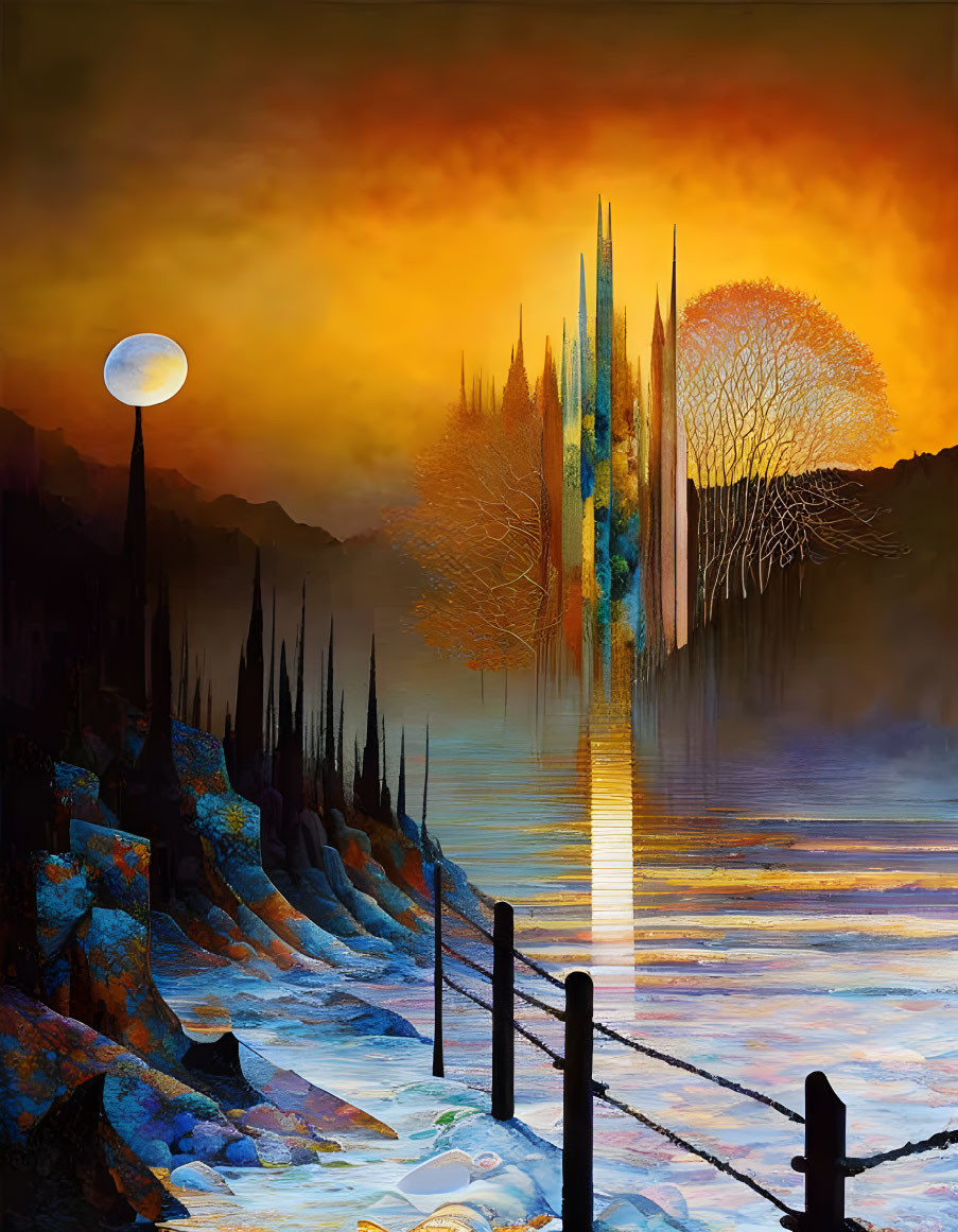 Surreal landscape with orange sky, white moon, trees, spire-like formations, and rocky