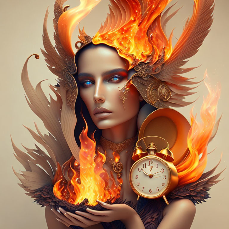 Mystical female figure with fiery wings and golden jewelry.