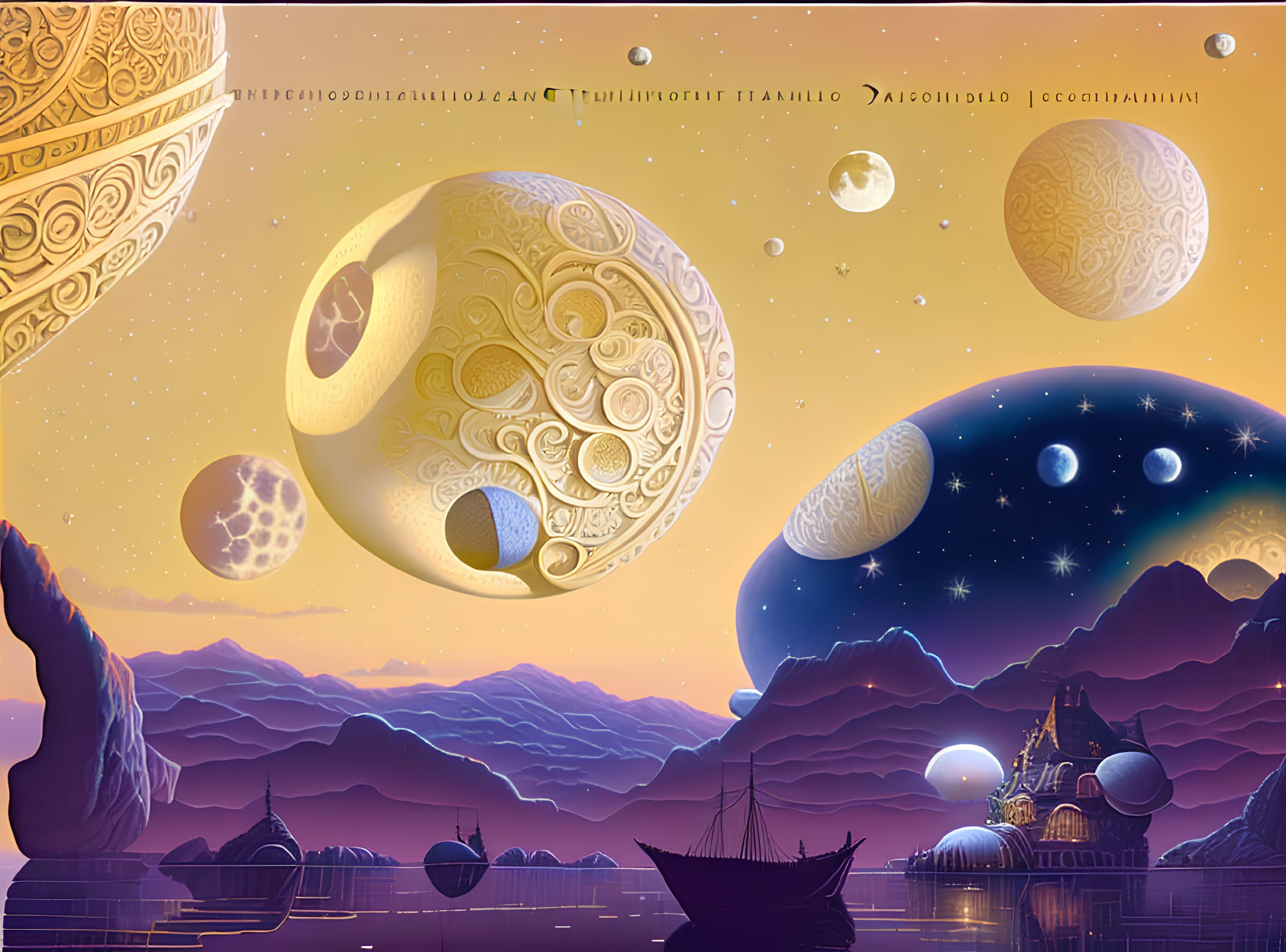 Fantastical landscape with celestial bodies, boat, towers, and mountains at dusk