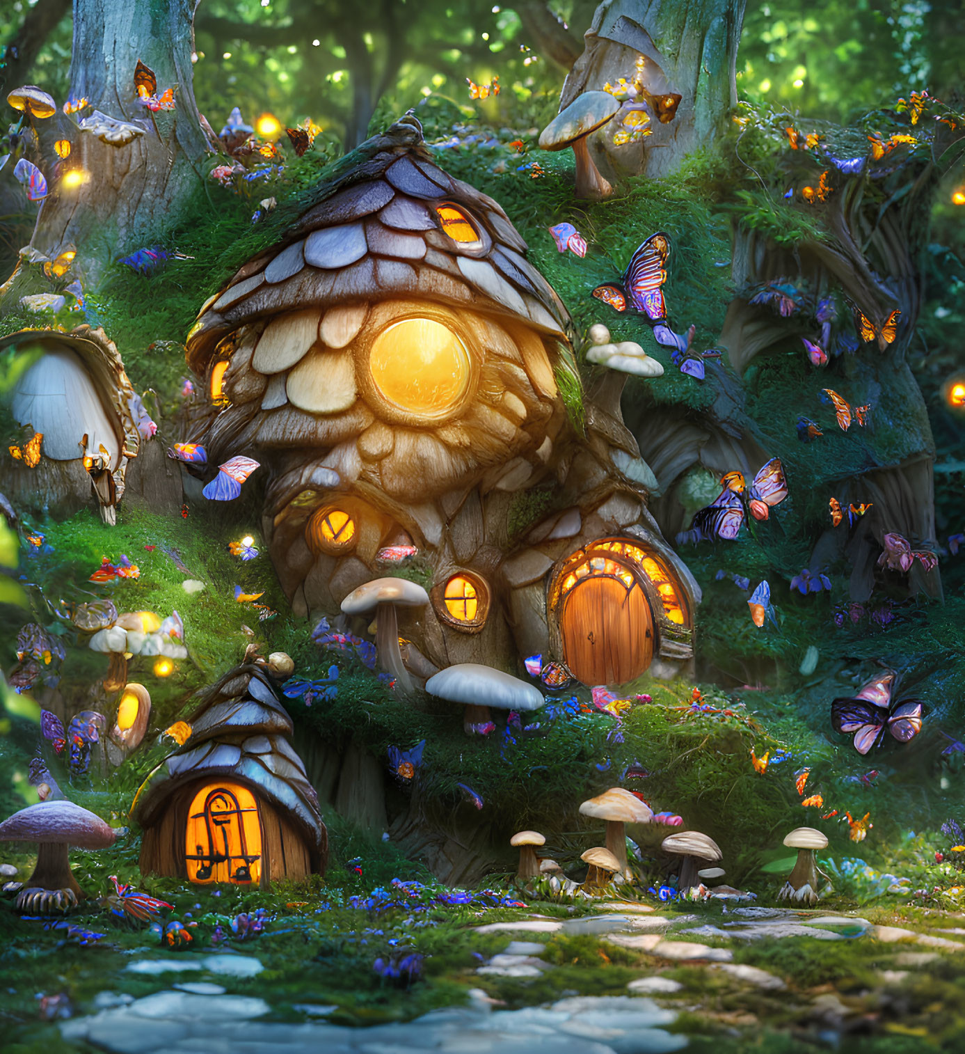 Enchanting forest scene with fairy-tale mushroom house