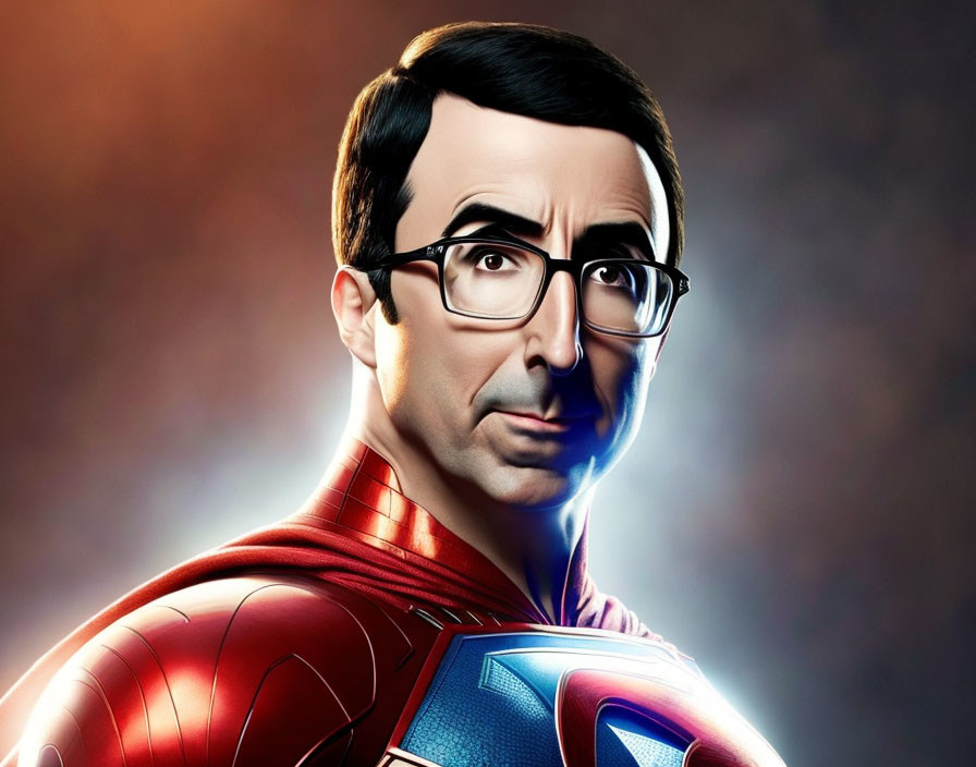 Superhero man in costume with emblem, glasses, serious expression