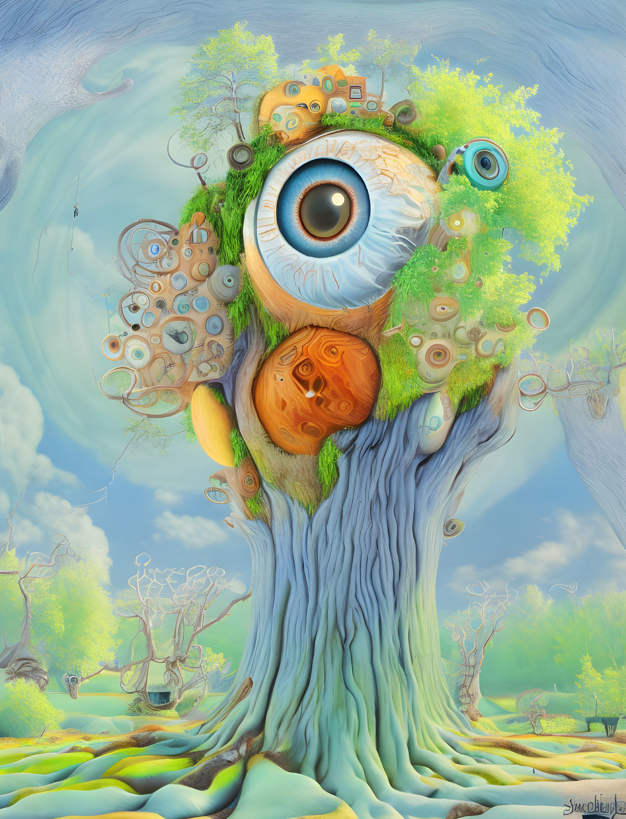 Surreal image of tree with eye crown in whimsical landscape