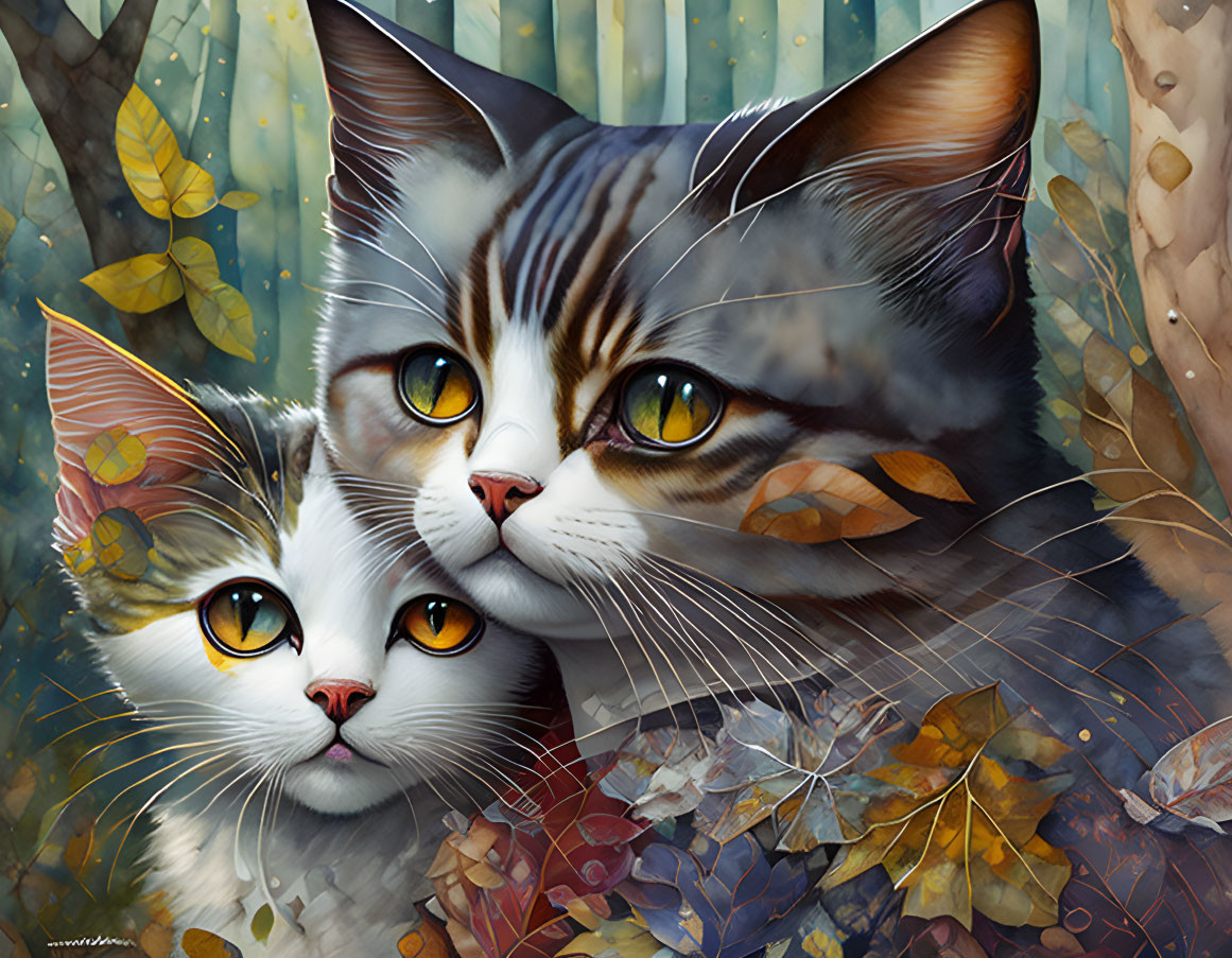 Hyper-realistic digital artwork: Close-up of two cats with amber eyes in autumnal leaf setting