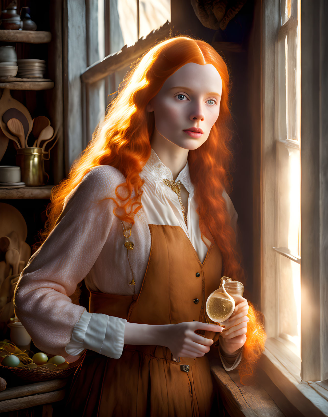 Red-haired woman by window holding hourglass in sunlight