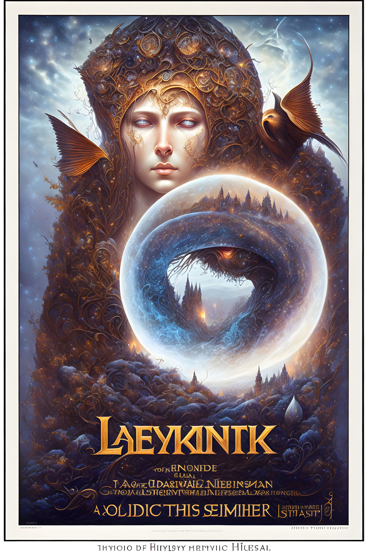 Fantasy-themed poster with woman's portrait, cosmic and natural elements, intricate patterns, eye, landscape