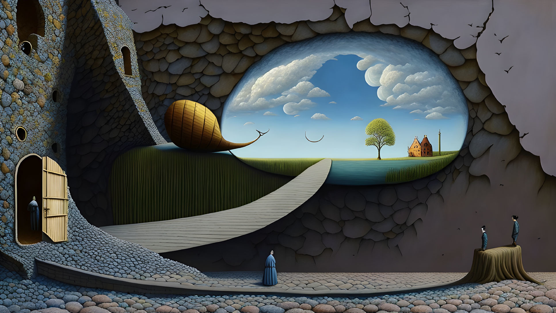 Surreal landscape featuring snail shell structure, figures, house, tree, and cave-like border