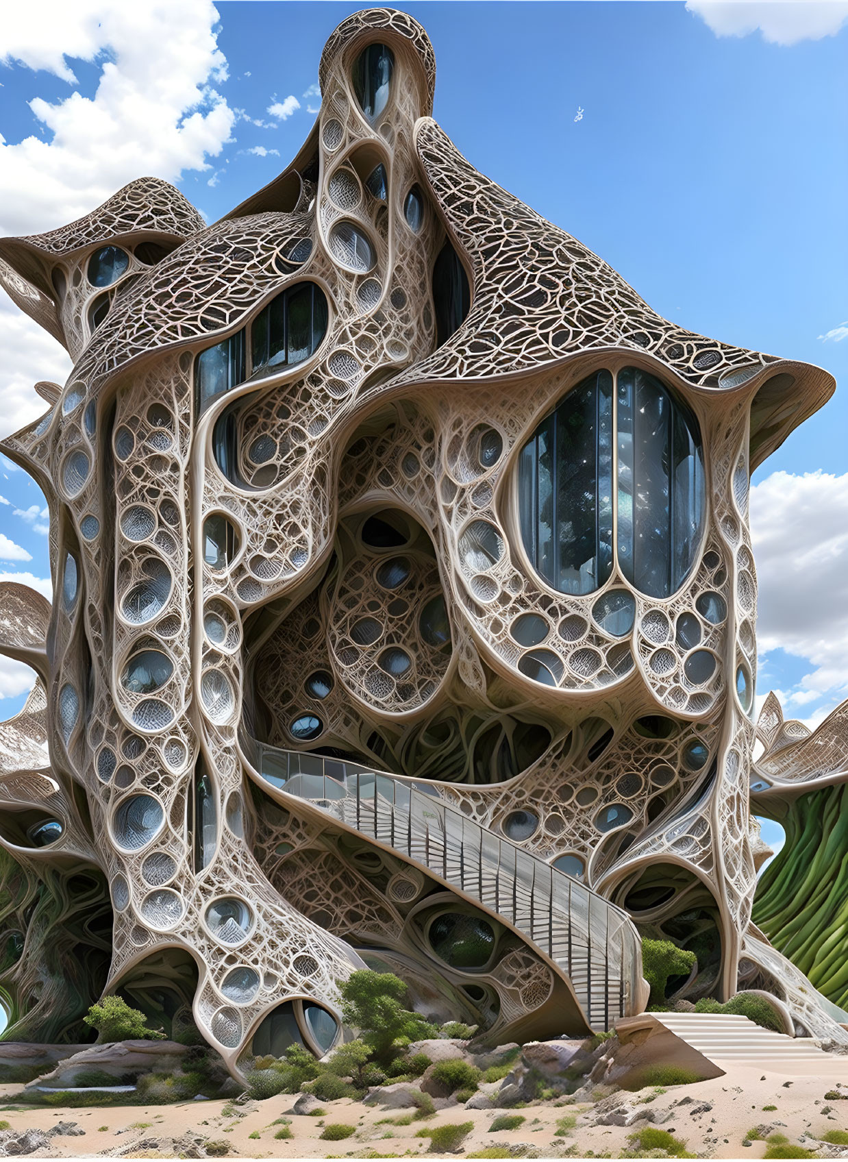 Futuristic building with organic bone-like structures and multiple windows under blue sky