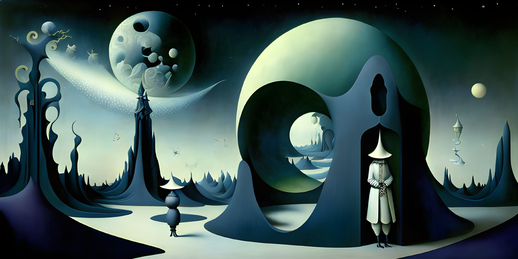 Whimsical surreal landscape with celestial bodies and silhouetted figures