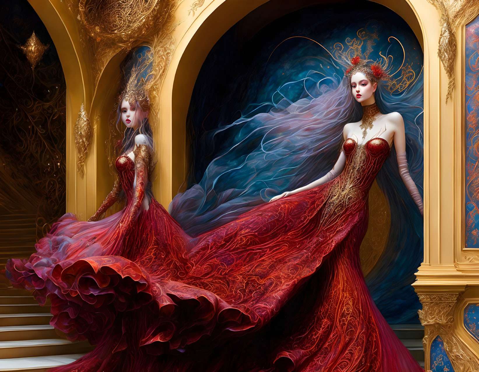 Luxurious red gowns and flowing hair in ornate golden room