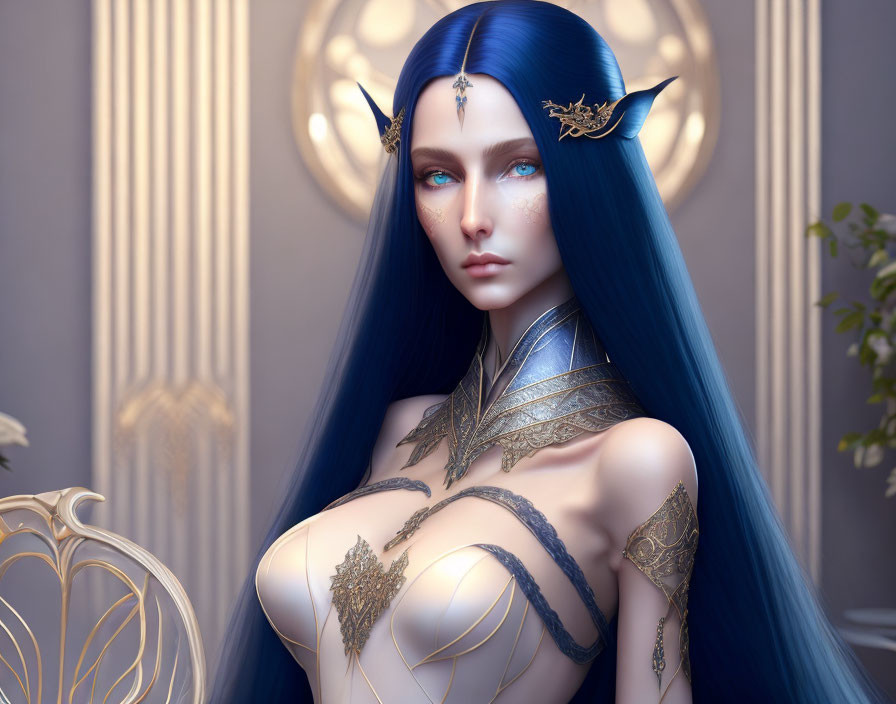 Blue-haired fantasy elf in gold and blue armor on elegant backdrop