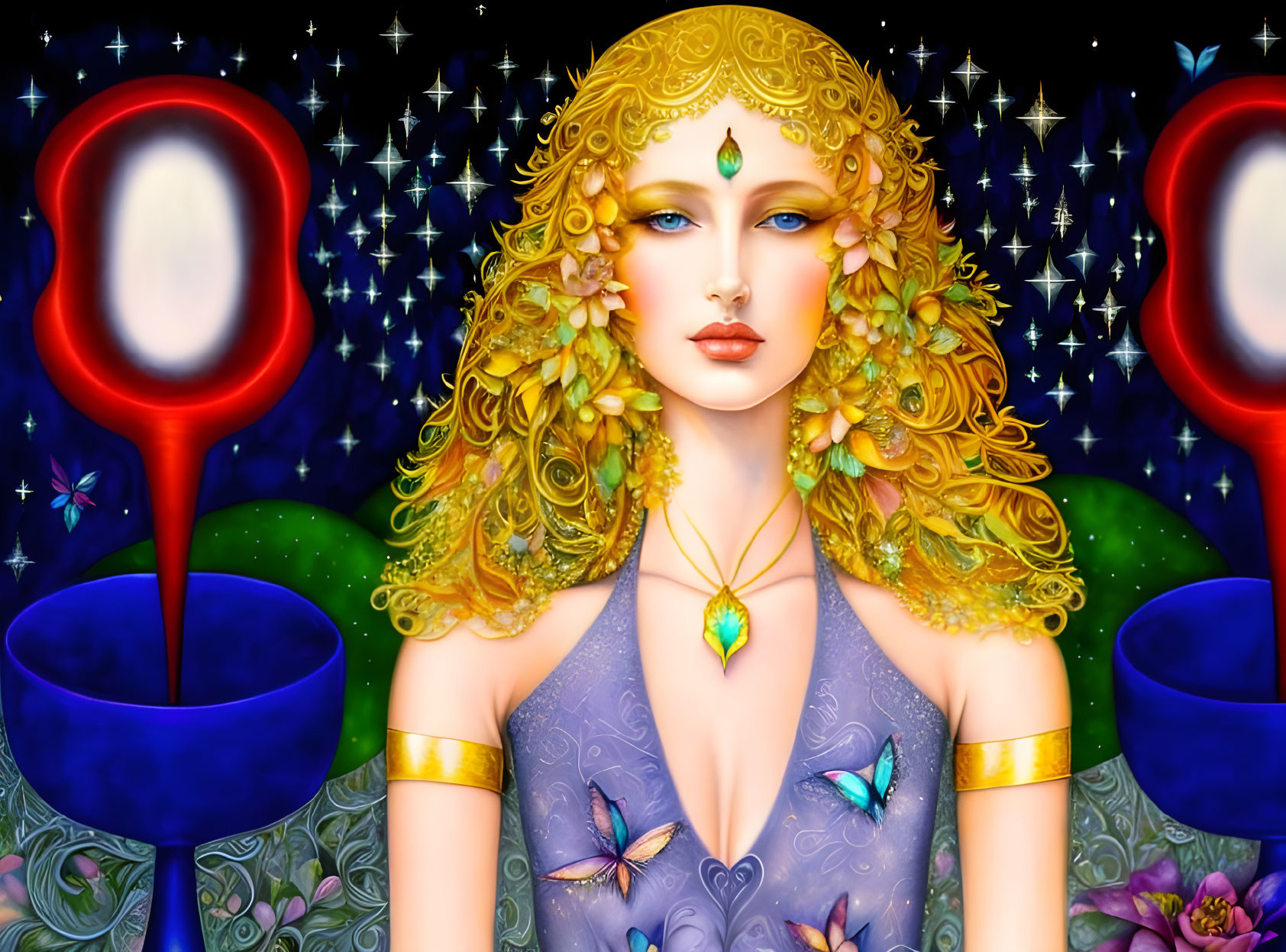 Colorful artwork of woman with golden hair, purple dress, butterflies, starry backdrop & mirrors.