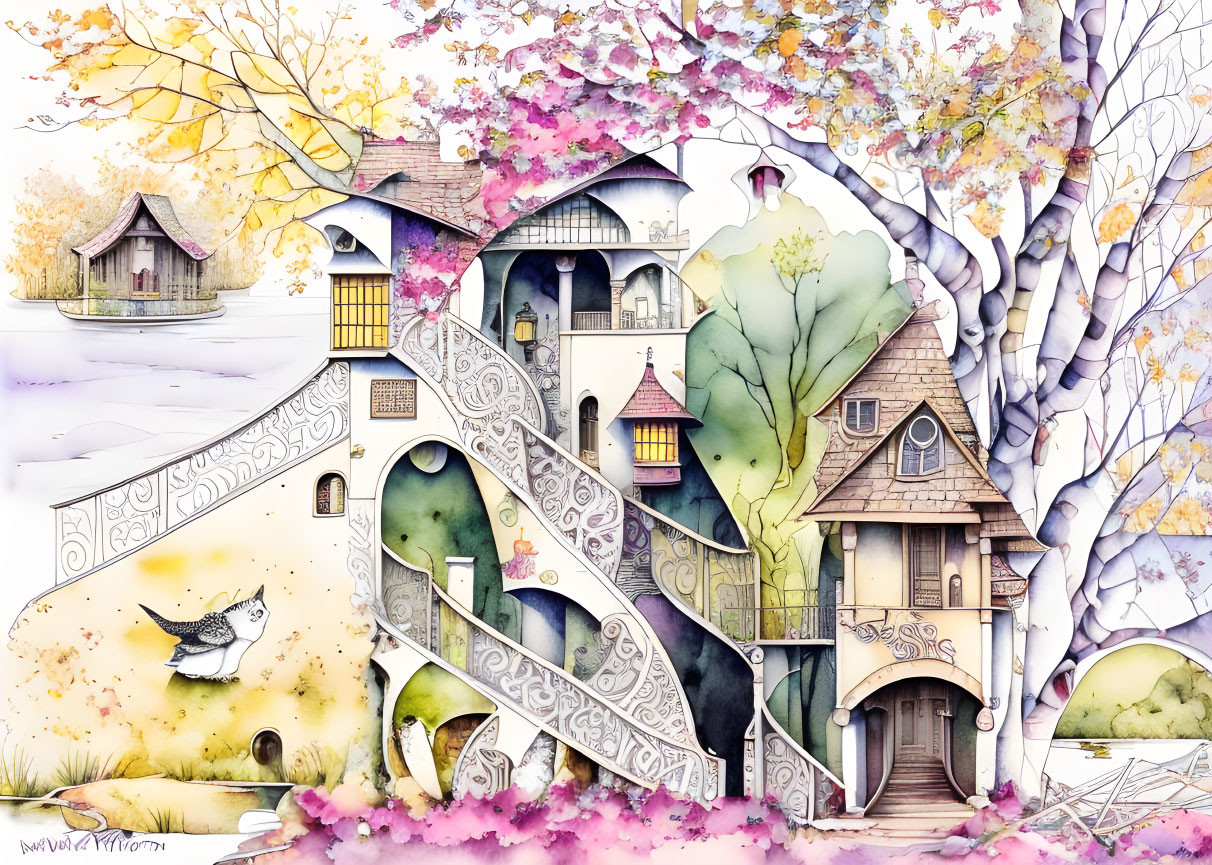 Whimsical watercolor fairy-tale village with colorful houses and intricate patterns