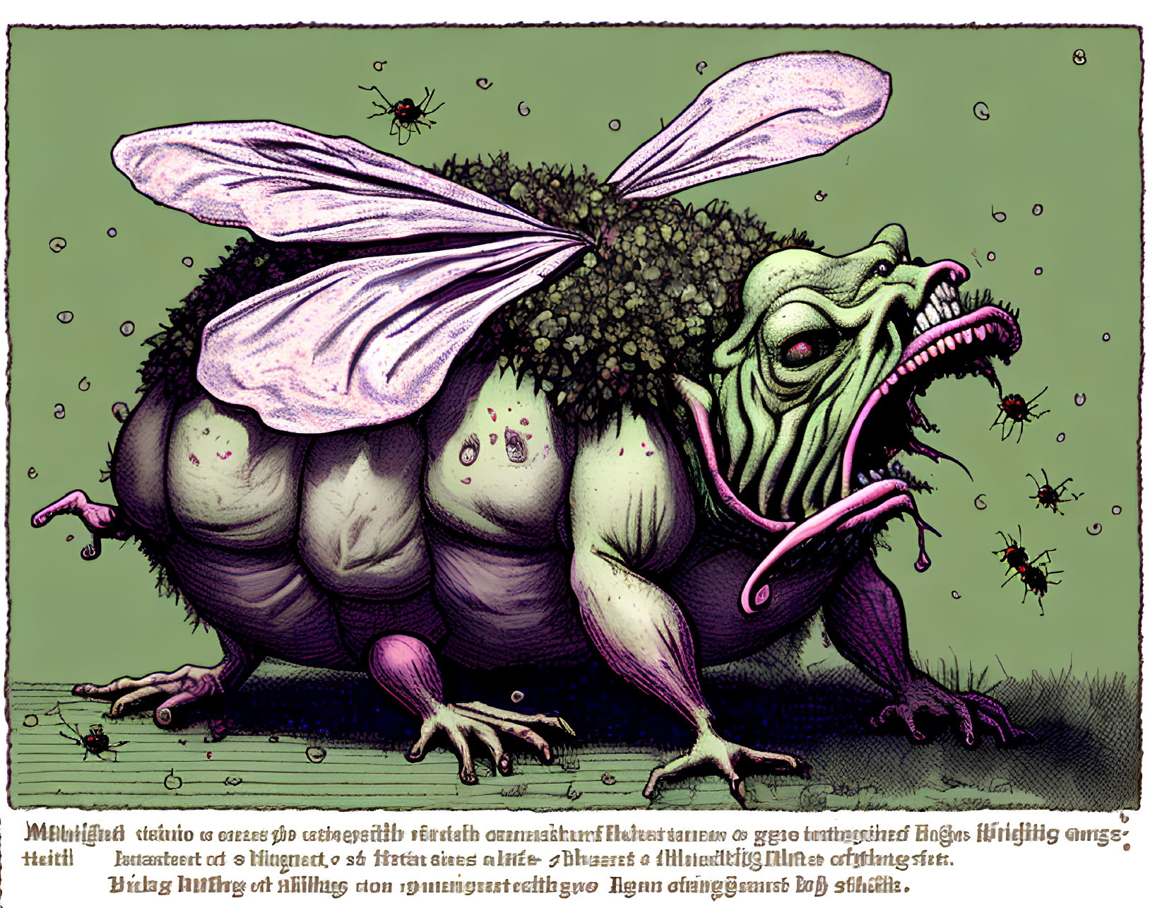 Grotesque creature with moth wings in ancient text backdrop