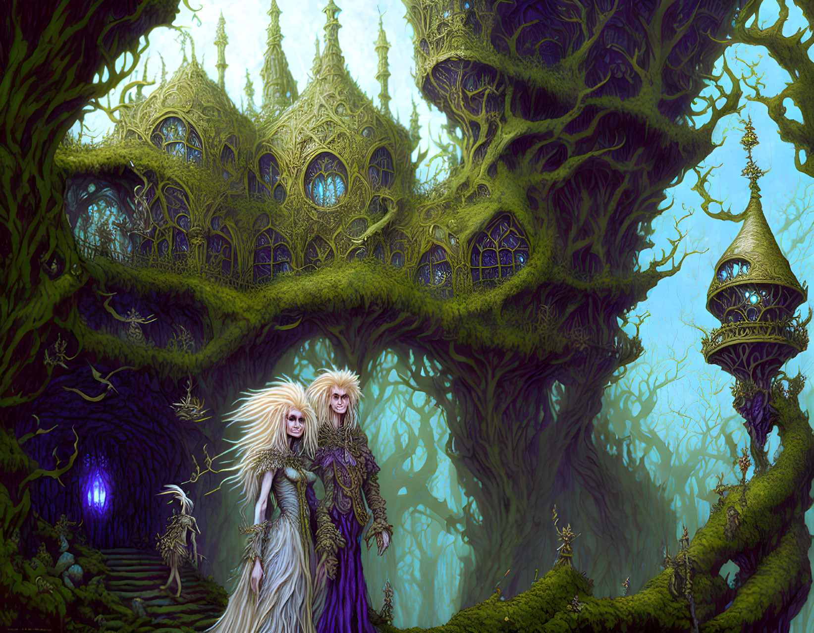 Ethereal fantasy landscape with regal characters and elaborate treehouse in enchanted forest