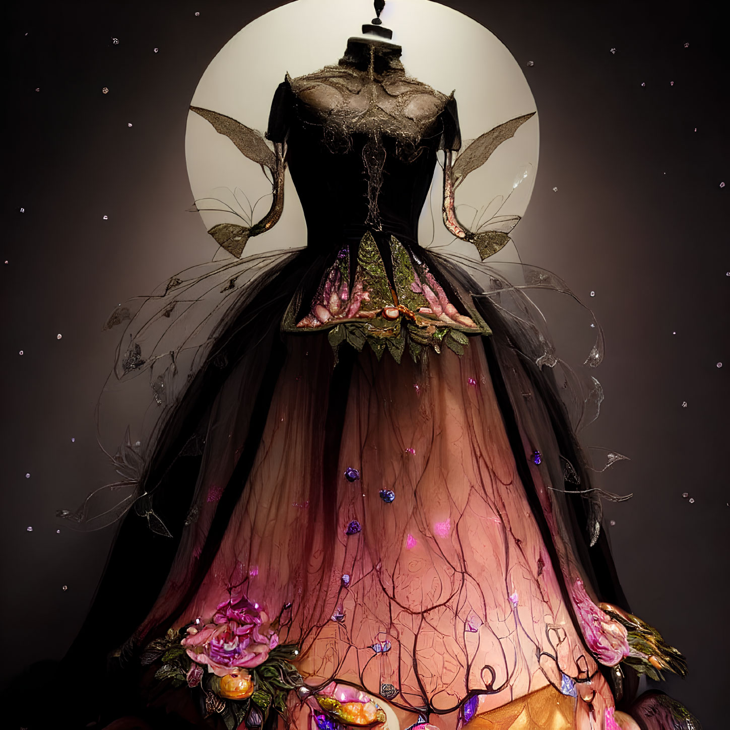 Black Bodice Fantasy Gown with Butterfly Wings and Glowing Floral Skirt