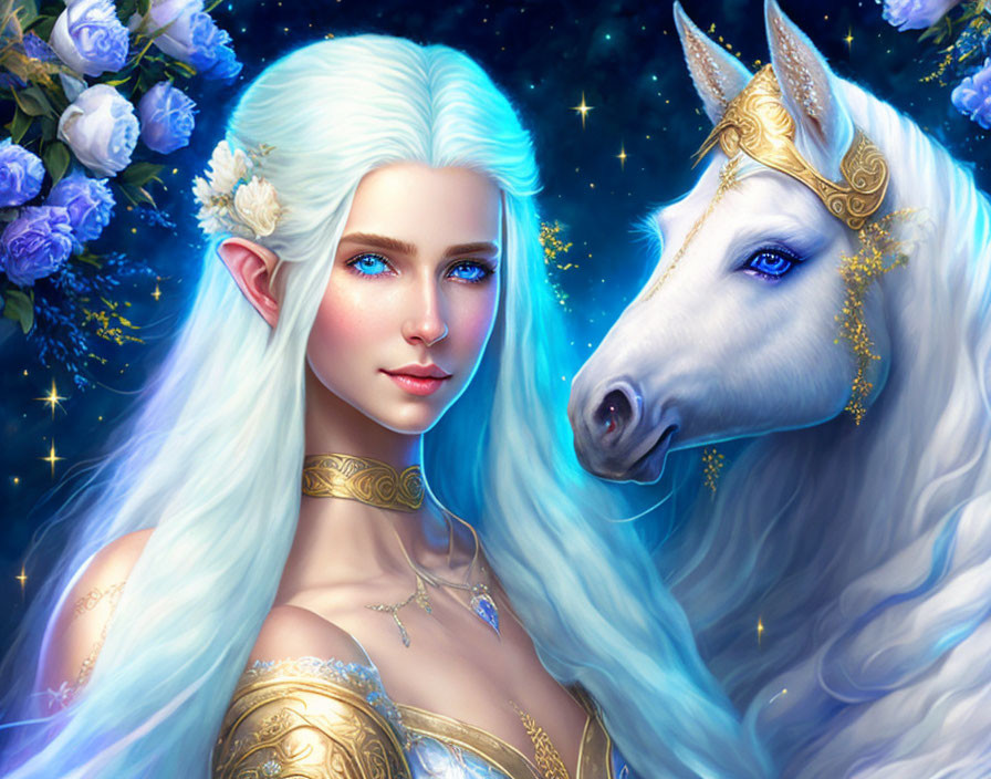 Enchanting white-haired elf and unicorn in magical floral setting