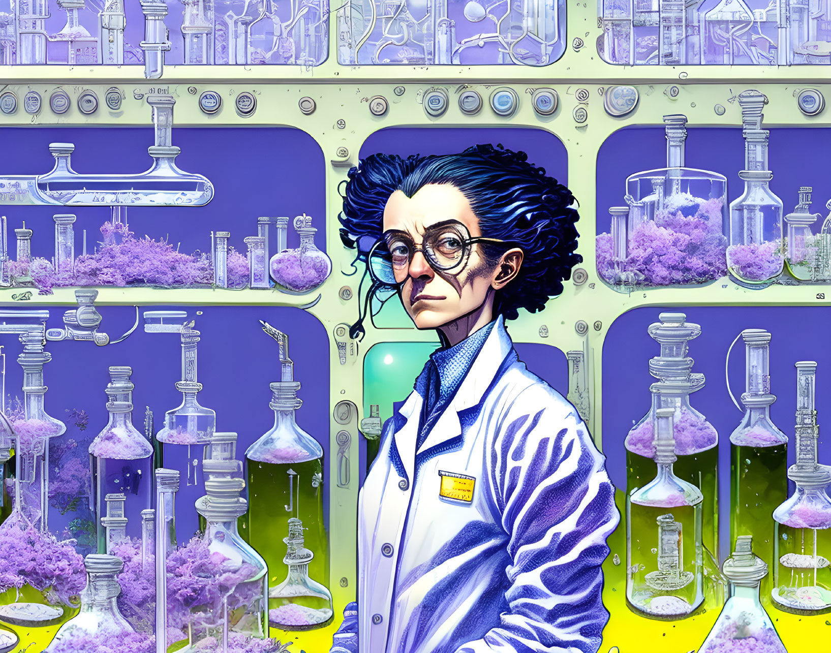 Scientist with curly hair and glasses in laboratory with purple and yellow flasks