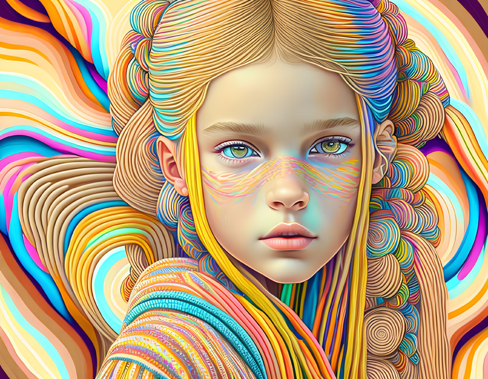 Vibrant digital artwork: young girl with blue eyes and colorful hair patterns