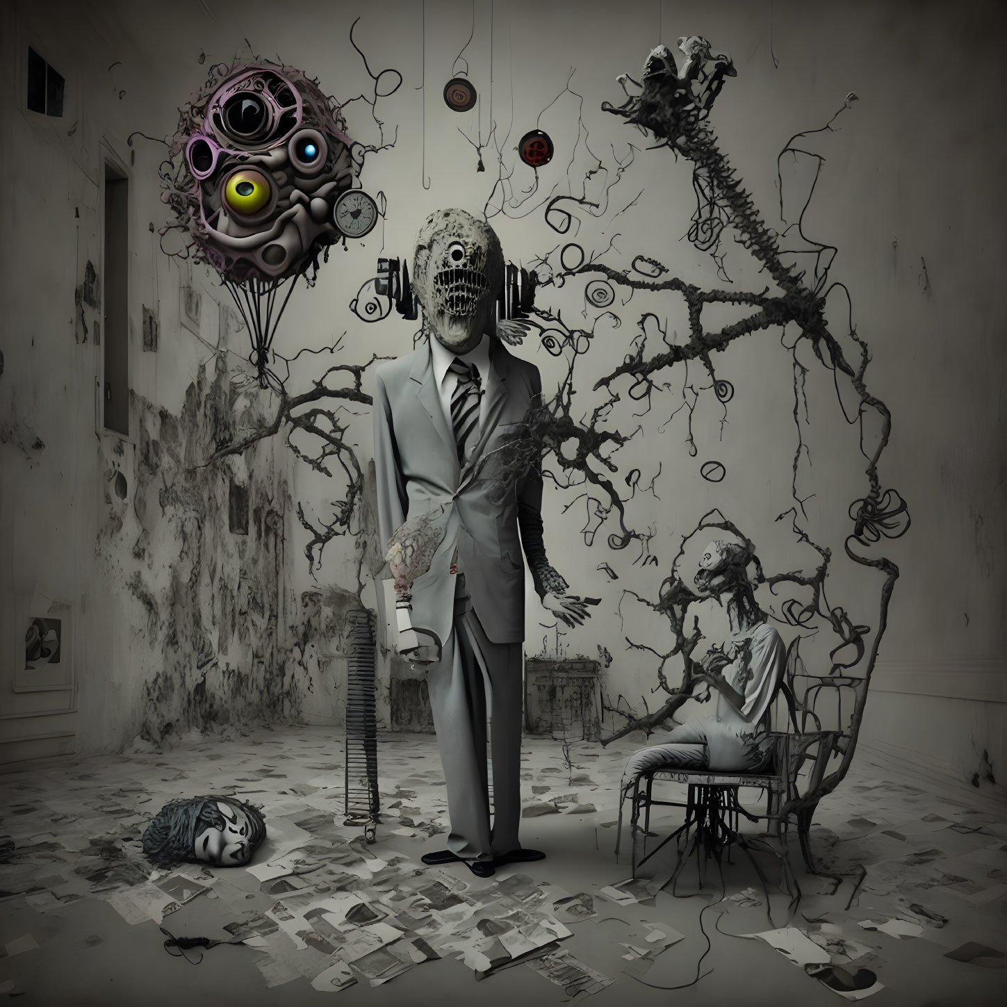 Surreal room with skull-faced figure, floating orb, decapitated head, and skeletal figure