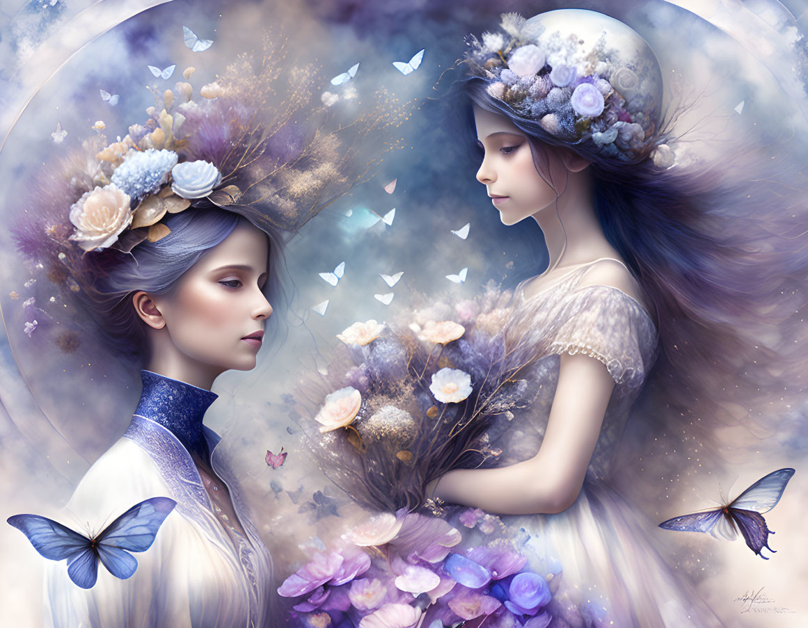 Ethereal women with floral headdresses and butterflies on soft background