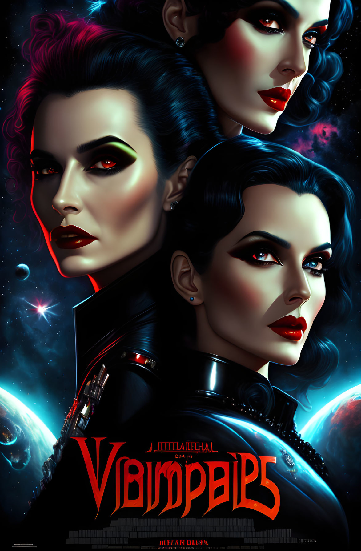 Stylized female vampires with pale skin and dark hair against cosmic backdrop