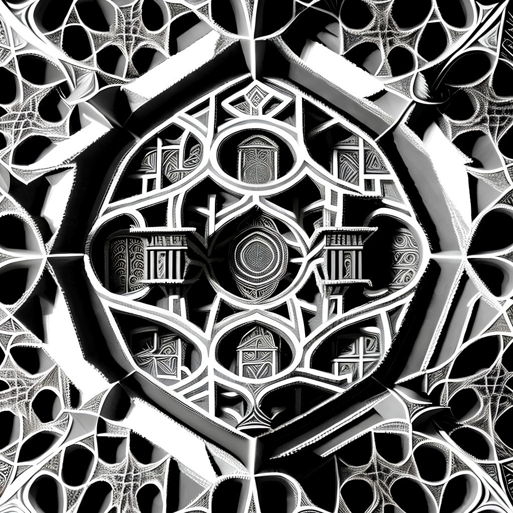 Monochrome fractal pattern with intricate geometric shapes