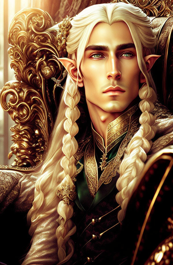 Elf with Long White Hair in Green and Gold Attire Sitting Regally