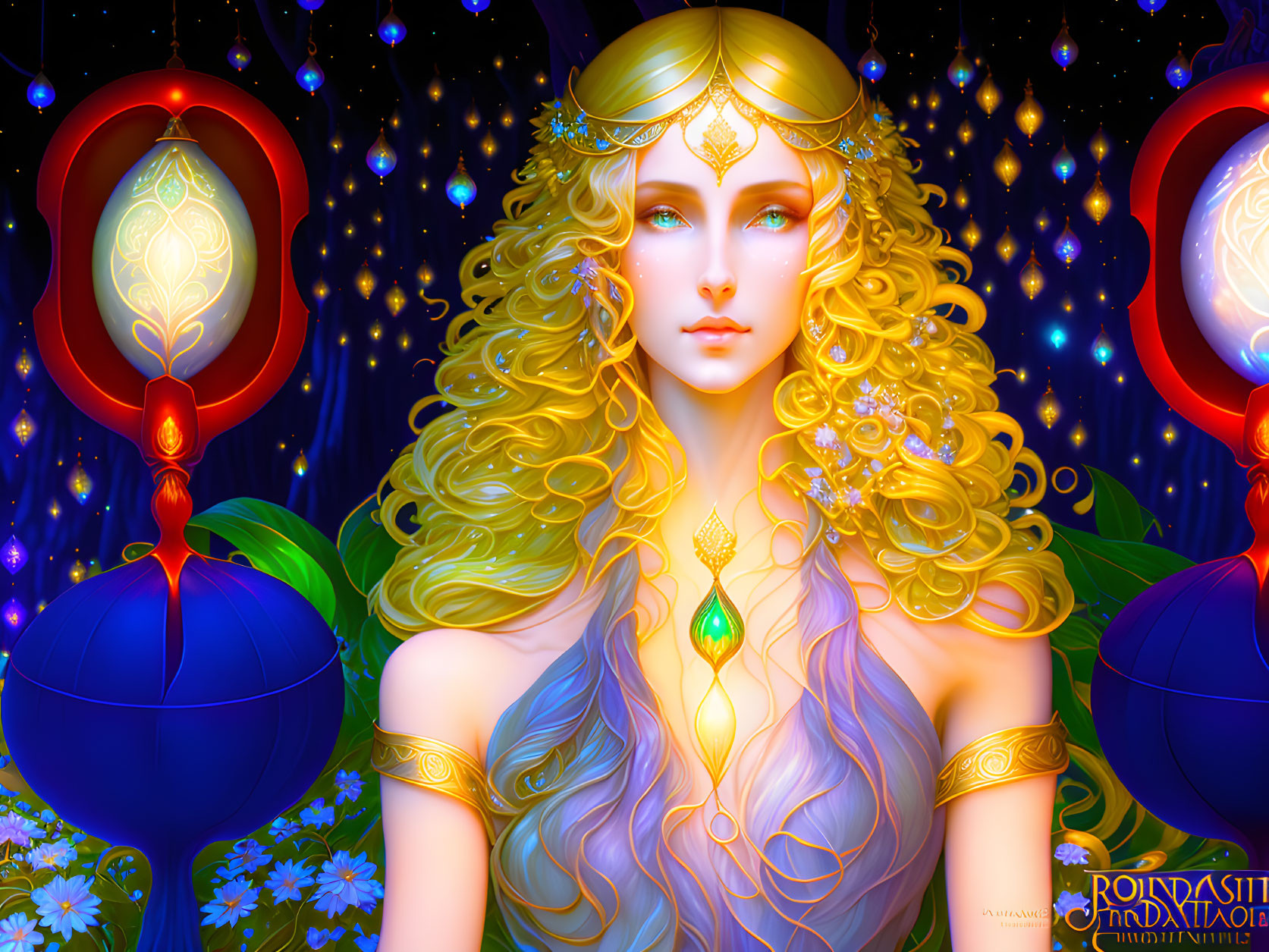 Illustration of Woman with Long Blonde Hair and Glowing Lanterns