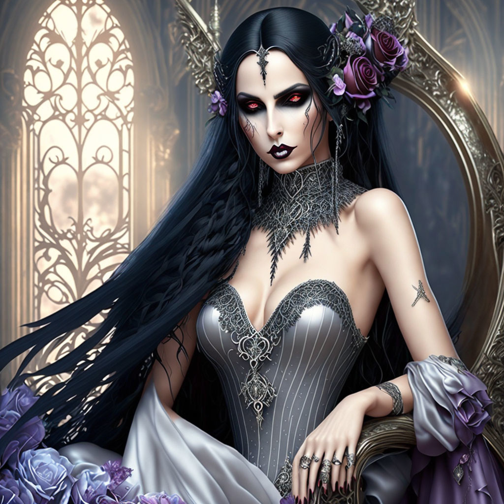 Detailed Gothic Woman Illustration with Black Hair and Red Eyes