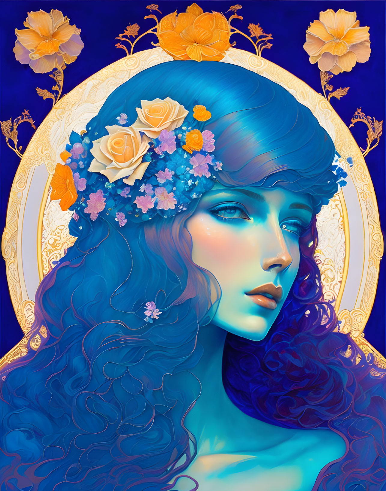 Colorful Woman with Blue Hair and Flower Adornments on Golden Halo Background