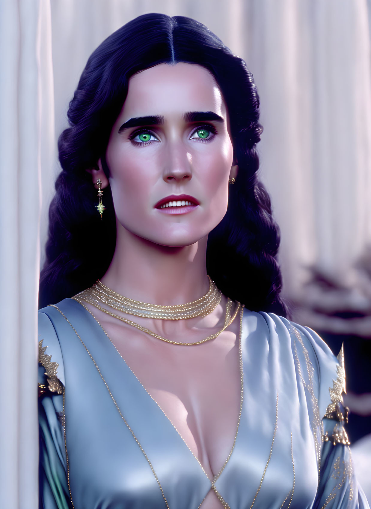 Digital portrait of a woman with green eyes and blue dress