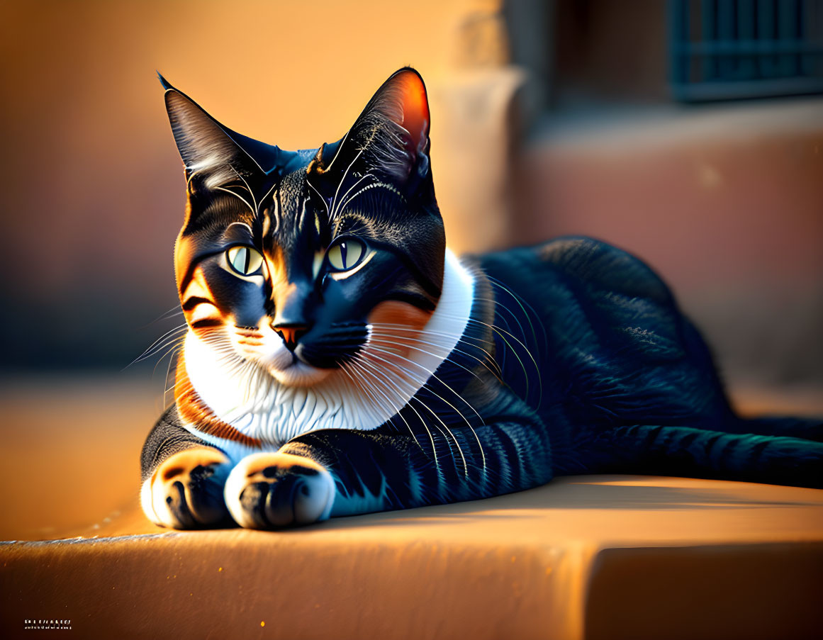 Majestic cat with striking patterns in warm lighting