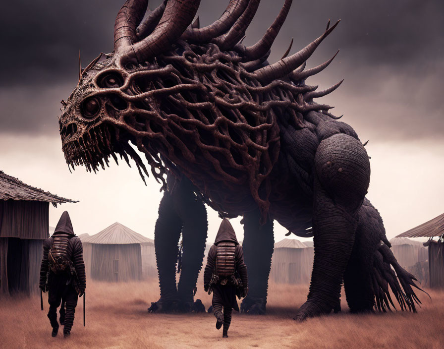 Gigantic horned mythical creature with armored figures in desolate landscape