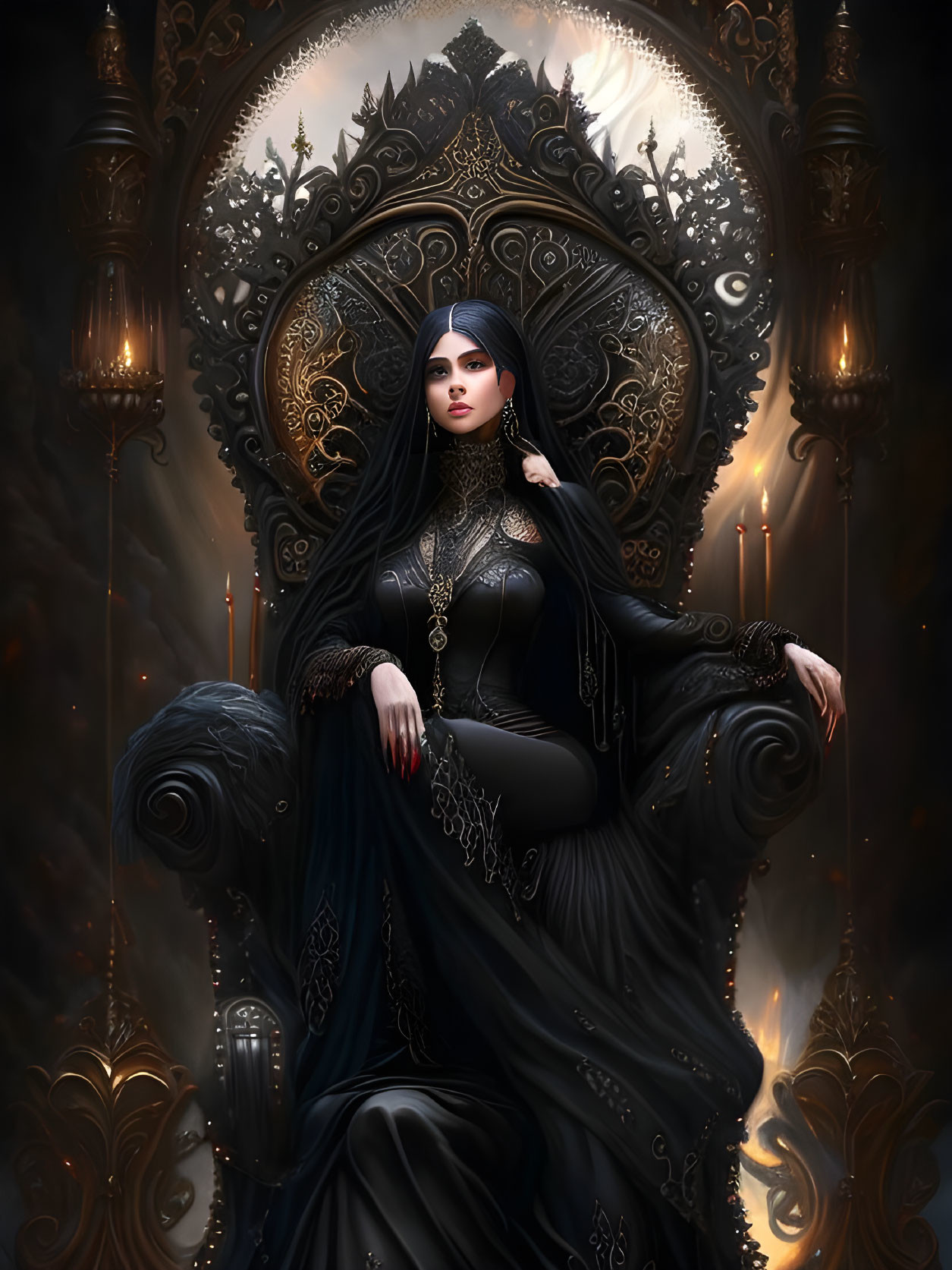 Regal woman with black hair on ornate throne holding scepter amid candles