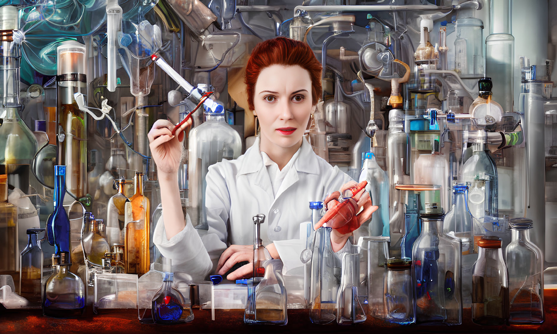 Female scientist in lab coat with glass equipment and chemicals analyzing sample with pipette.