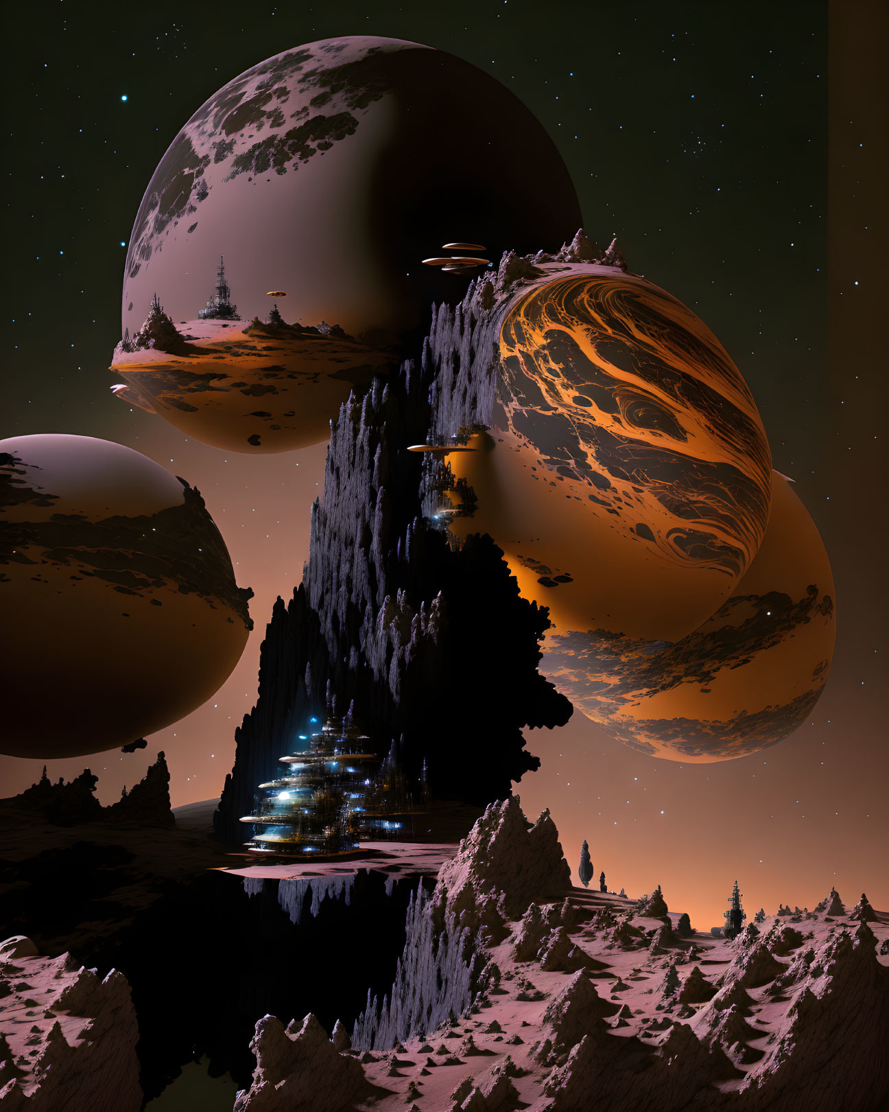 Sci-fi desert landscape with towering rock formation and futuristic buildings