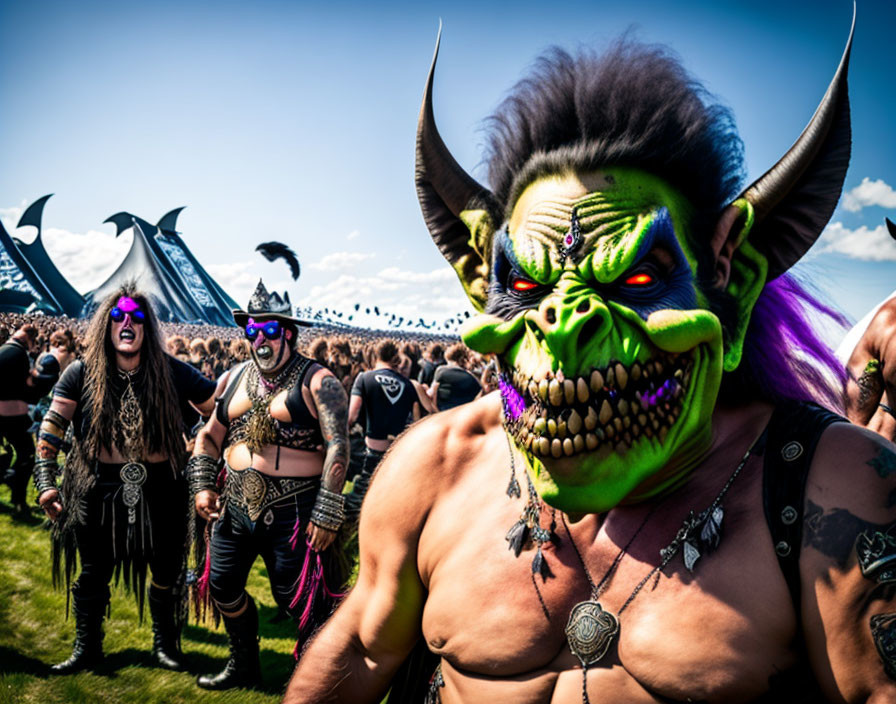 Person in orc costume at outdoor event with people in rocker attire and large structures