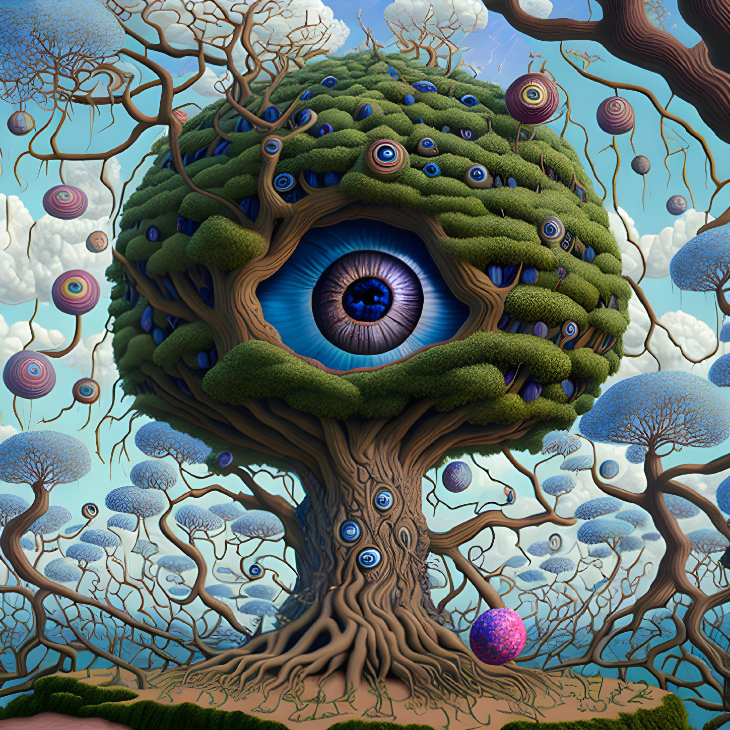 Surreal tree with large eye surrounded by smaller eyes and snails in fantastical forest