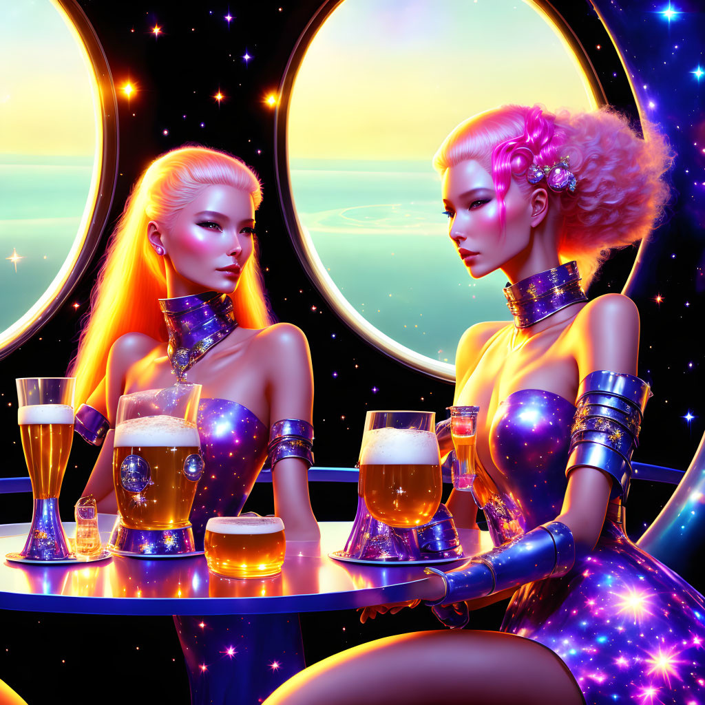 Futuristic women in space-themed setting with neon lights and beer glasses