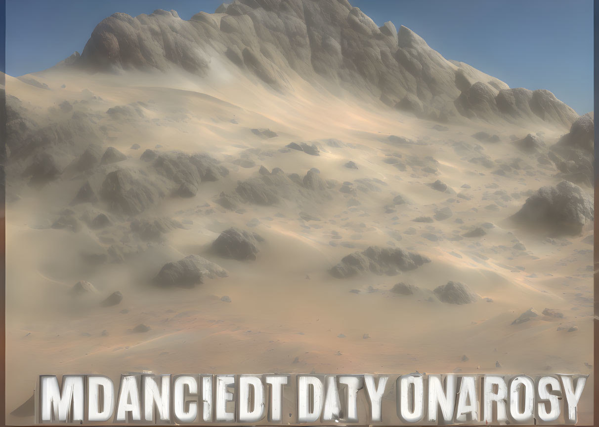 Desert landscape with sand dunes and looming mountain under hazy sky