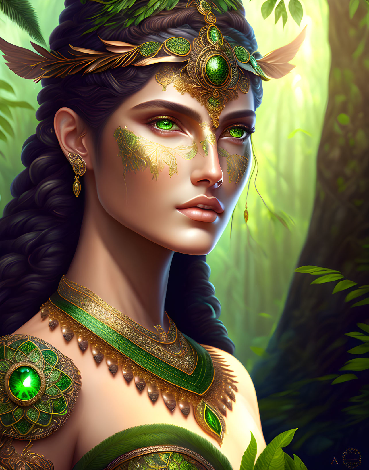 Illustrated portrait of woman with green eyes, gold jewelry, headpiece, and nature-inspired makeup on