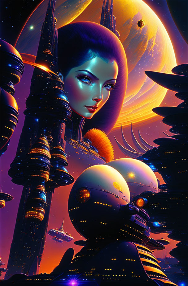 Futuristic sci-fi artwork: stylized woman, blue skin, futuristic architecture, celestial bodies