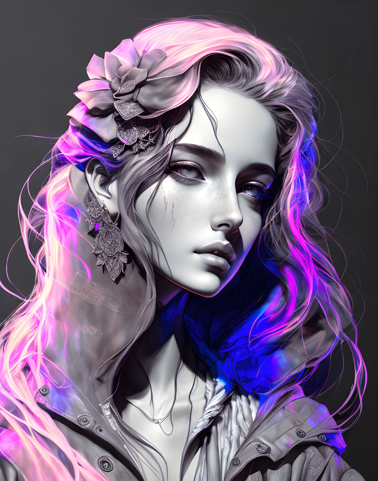 Digital portrait of woman with pink and purple hair and floral accessory