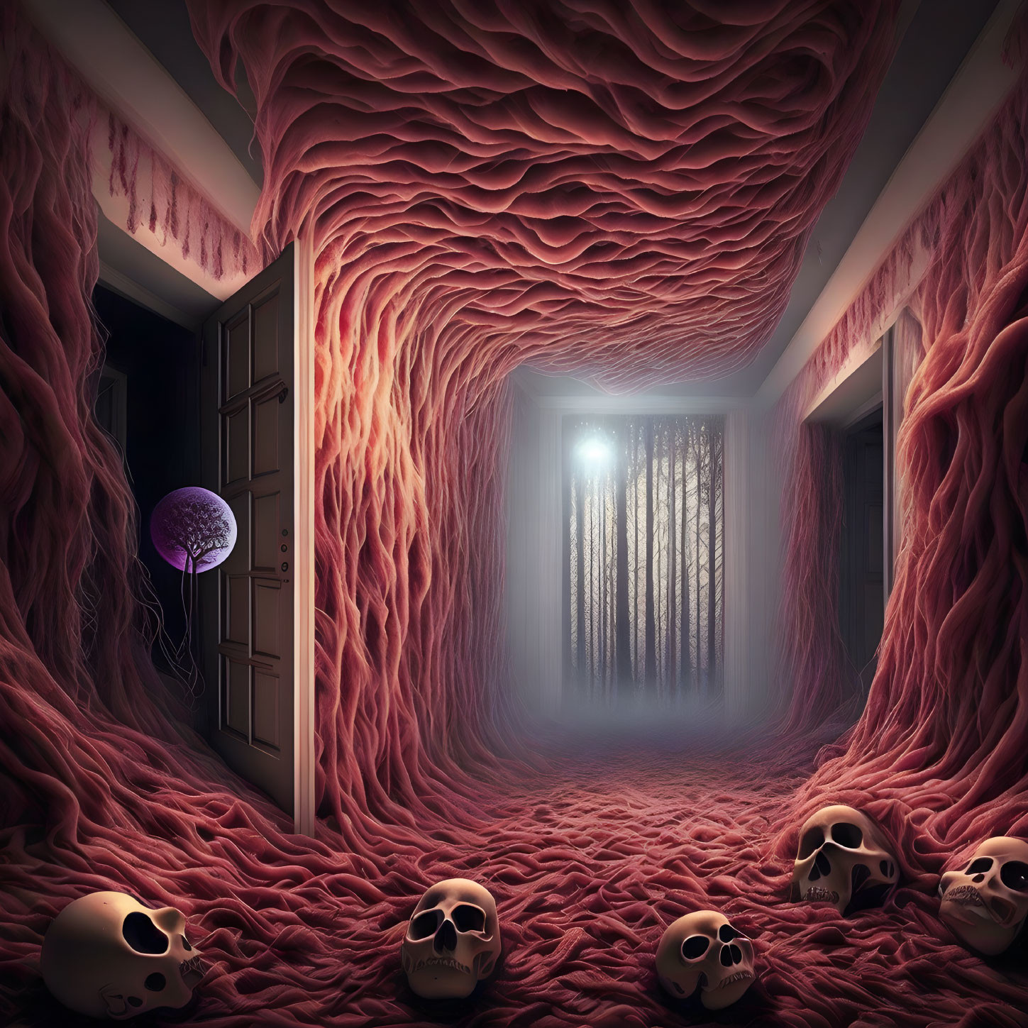 Surreal corridor with flesh-like walls, skulls, brain, and glowing forest glimpse