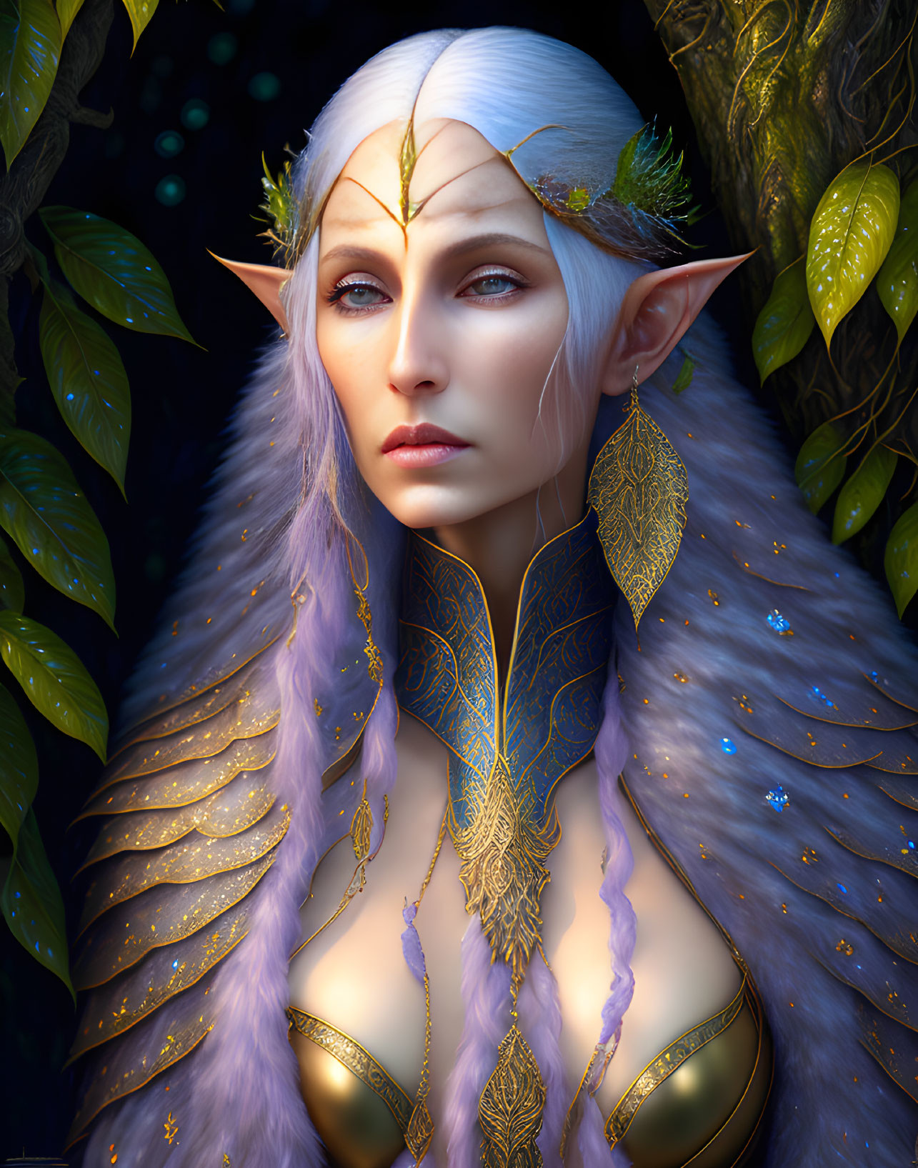 Ethereal elf with white hair and leafy crown on dark nature background