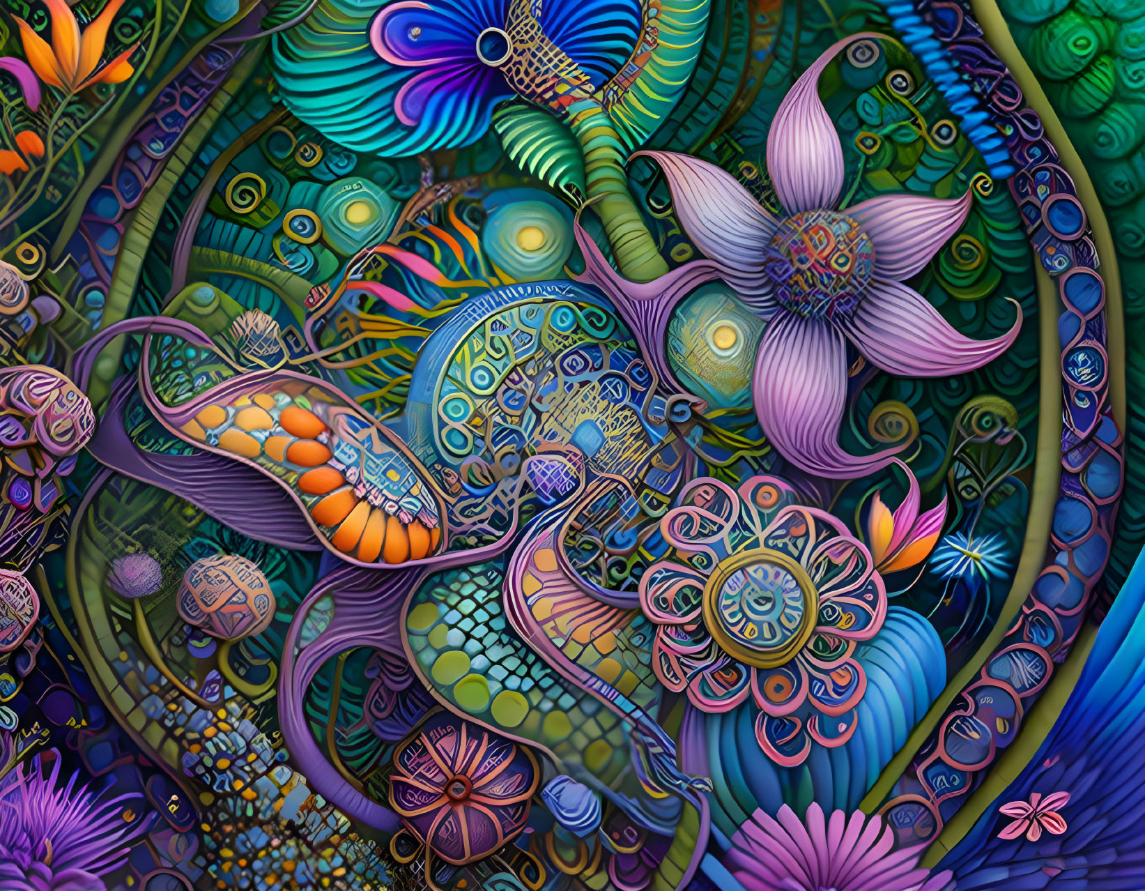 Intricate floral and abstract patterns in vibrant digital artwork