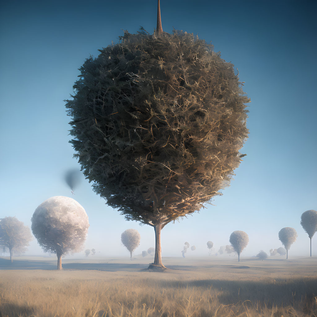 Misty field with spherical trees under soft blue sky